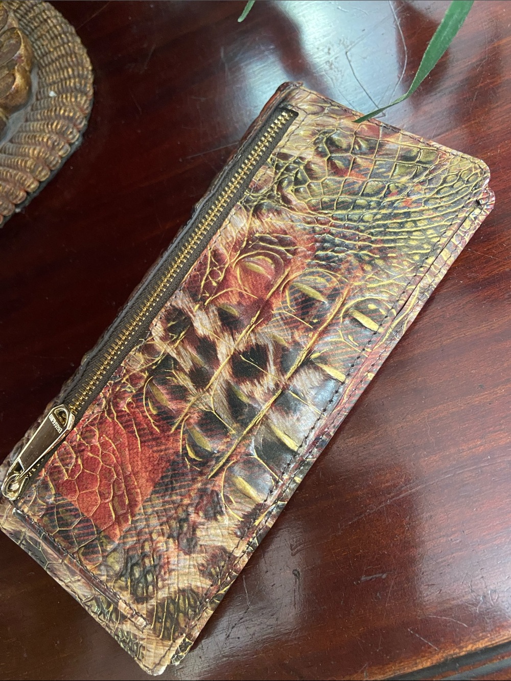 Brahmin Croc-Embossed Long Wallet in Burgundy, Brown & Gold